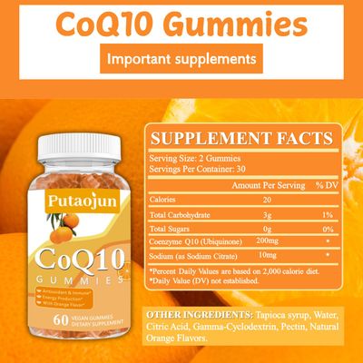 Putaojun coq10 Gummies | coq10 Gummies for Adults | Orange Flavor | Sugar Free Coenzyme Q10 Vitamins Muscle & Bone Energy | Ultra High Absorption, Cellular Energy, Antioxidant (60 Count (Pack of 1))