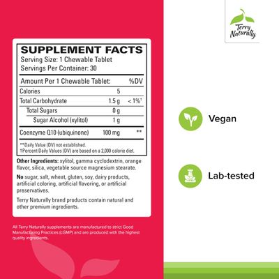 Terry Naturally CoQ10 Chewables - Cellular Energy Support Supplement - Higher Absorption CoQ10 Chewable Supplement - Nutritional Supplement to Aid Healthy Aging &amp; Brain Health - 30 Chewables
