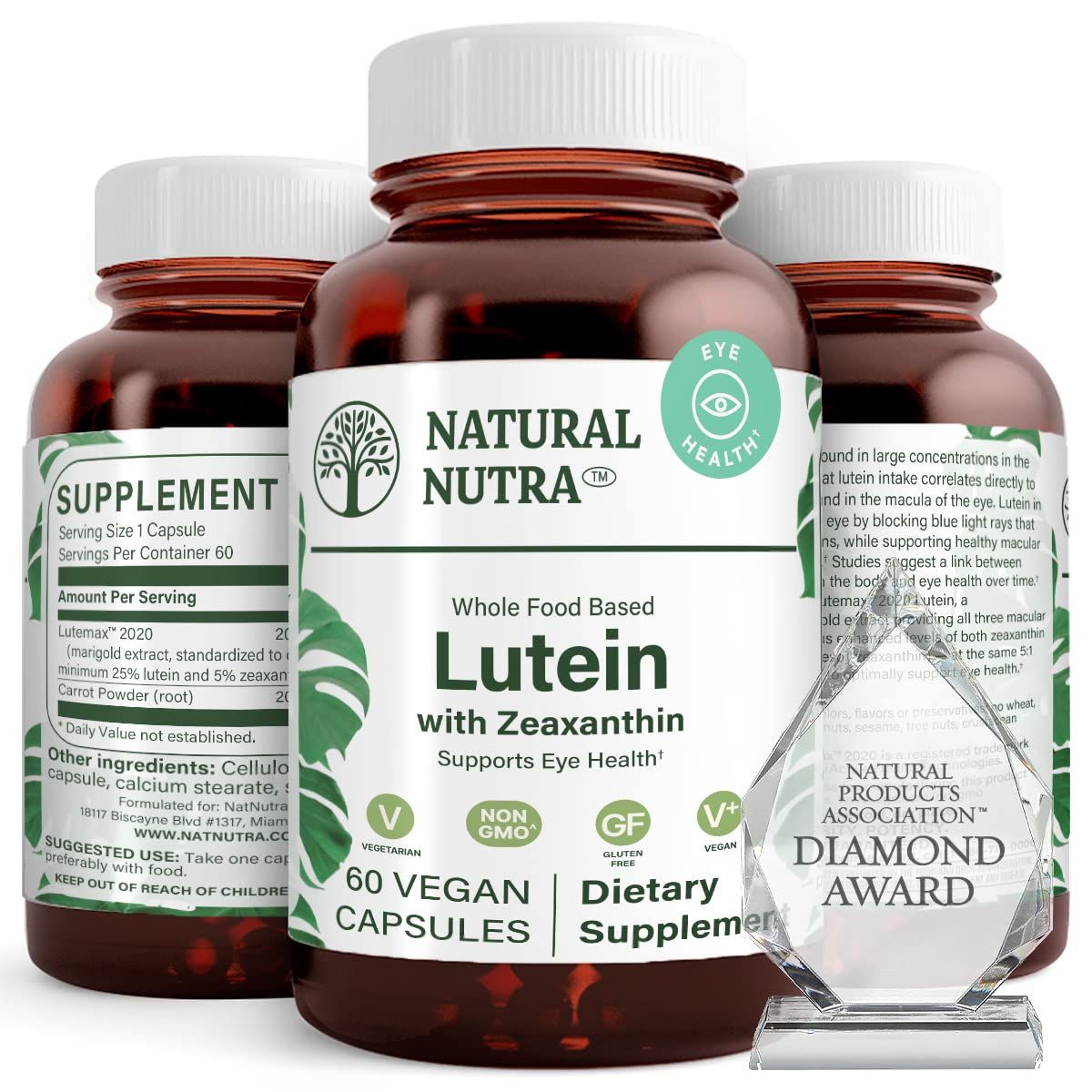 Natural Nutra Lutein and Zeaxanthin Supplement, Helps to Maintain Vision Health &amp; Eye Health, Protects Cell in Eyes, Gluten Free, Enhanced Level of Zeaxanthin &amp; Isomers, Soy Free, 20mg - 60 Capsules