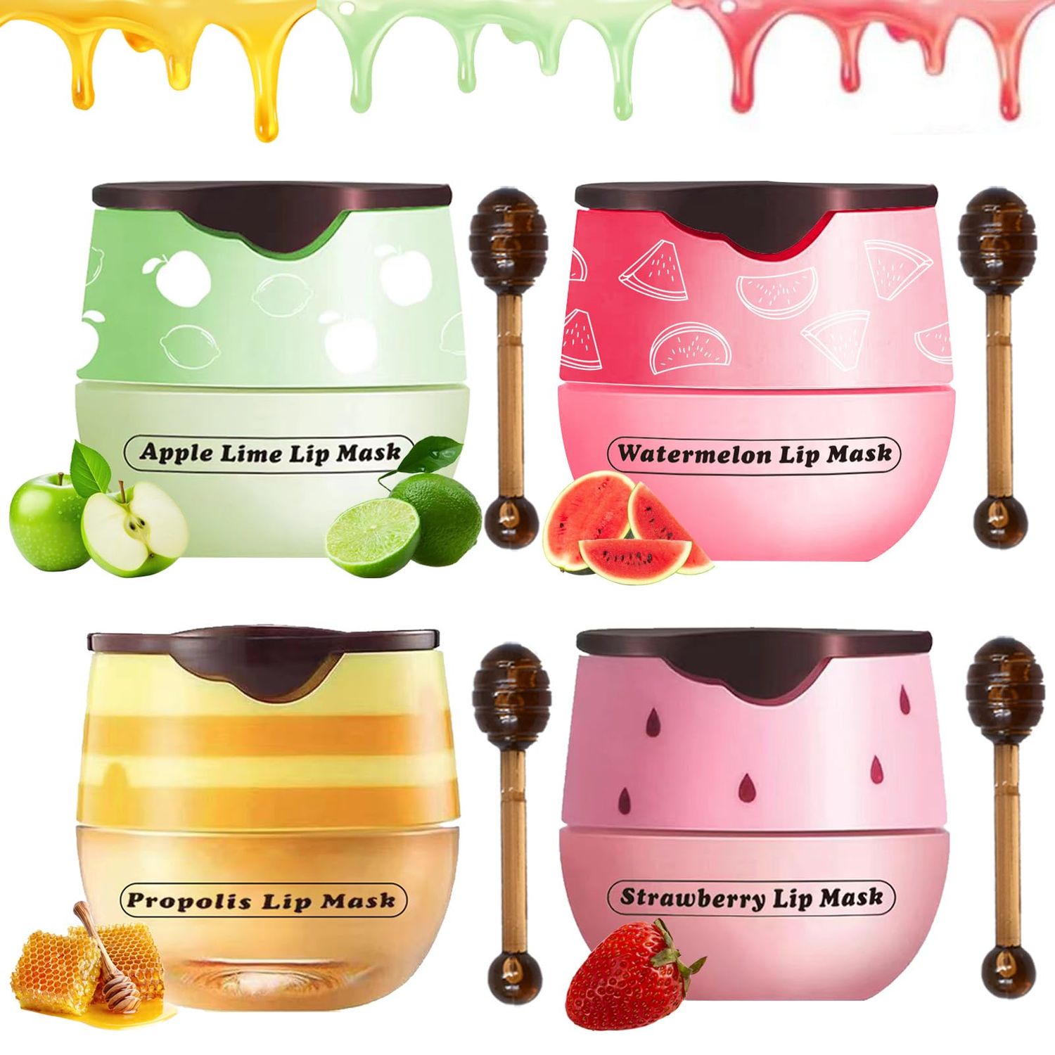 Honey Pot Lip Balm for Dry Cracked Lips - Strawberry Scrub Exfoliator &amp; Moisturizer, Hydrating With Wand, Lip Sleeping Mask (4pcs)