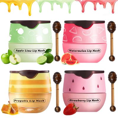 Honey Pot Lip Balm for Dry Cracked Lips - Strawberry Scrub Exfoliator &amp; Moisturizer, Hydrating With Wand, Lip Sleeping Mask (4pcs)