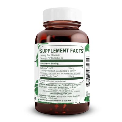 Natural Nutra Lutein and Zeaxanthin Supplement, Helps to Maintain Vision Health &amp; Eye Health, Protects Cell in Eyes, Gluten Free, Enhanced Level of Zeaxanthin &amp; Isomers, Soy Free, 20mg - 60 Capsules