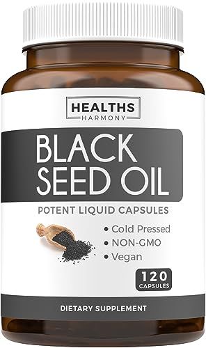 Black Seed Oil - 120 Softgel Capsules Skin Health (Non-GMO &amp; Vegan) Cold-Pressed Nigella Sativa Producing Pure Black Cumin Seed Oil with Vitamin E - 500mg Each, 1000mg Per 2 Capsule Serving