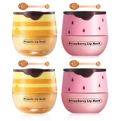 4 Pcs Strawberry &amp; Honey Lip Balm, Vitamin E Lip Masks Moisturizing Propolis Sleeping Lip Mask, Hydrating &amp; Prevention Dry and Cracked Lip Scrubs Exfoliator (2 Pack Strawberry 2 Pack Honey)