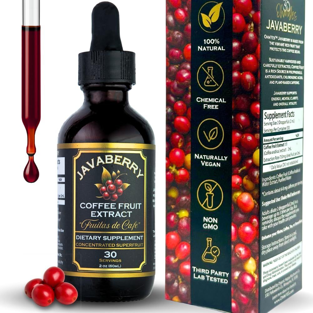 OhmYes Javaberry Antioxidant Energy Supplement - Polyphenol Supplement - Rich Nootropic Superfruit for Brain Fog, Focus &amp; Clean Energy - Coffee Fruit Extract Liquid Drops - 60ml (30 Servings)