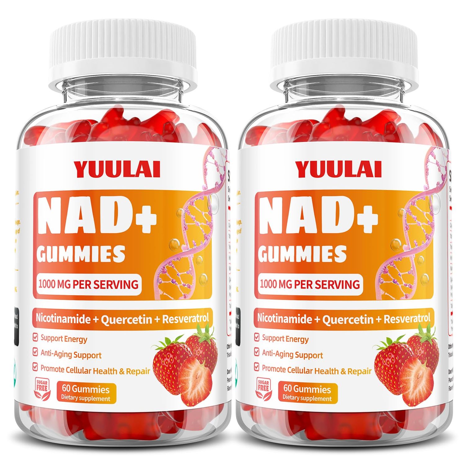 YUULAI Pack of 2 NAD Gummies, NAD Supplement for Women - NAD Nicotinamide Riboside Resveratrol 1000MG, NAD Plus Supplement Gummies for Anti-Aging, Cell Regeneration &amp; Energy, Strawberry, 120 Count