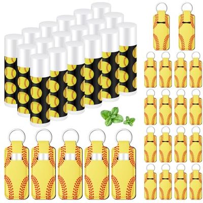 Swiffen 18 Sets Softball Party Favors Lip Balm and Lipstick Holder Keychain Bulk Sport Ball Team Gifts Natural Moisturizing Lip Balm Keychains Pouch for Team Gifts Sports Party Supplies