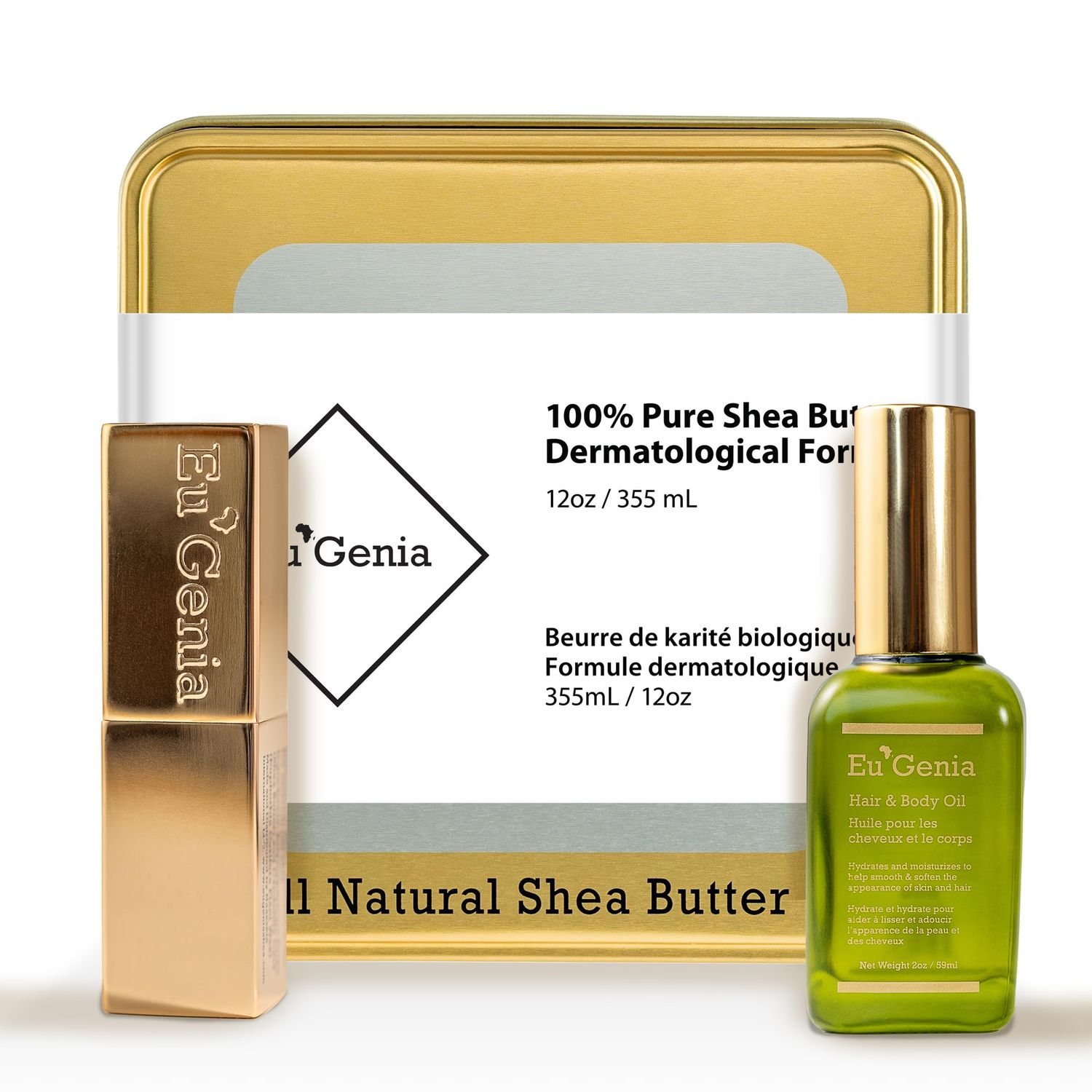 Eu&#39;Genia Shea Face, Lip &amp; Body Shea &amp; Moringa 3-PC Gift Set - Hydrating Lip Balm, Nourishing Body Oil, 12oz Dermatological Shea Butter - Natural Skincare