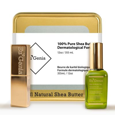 Eu&#39;Genia Shea Face, Lip &amp; Body Shea &amp; Moringa 3-PC Gift Set - Hydrating Lip Balm, Nourishing Body Oil, 12oz Dermatological Shea Butter - Natural Skincare