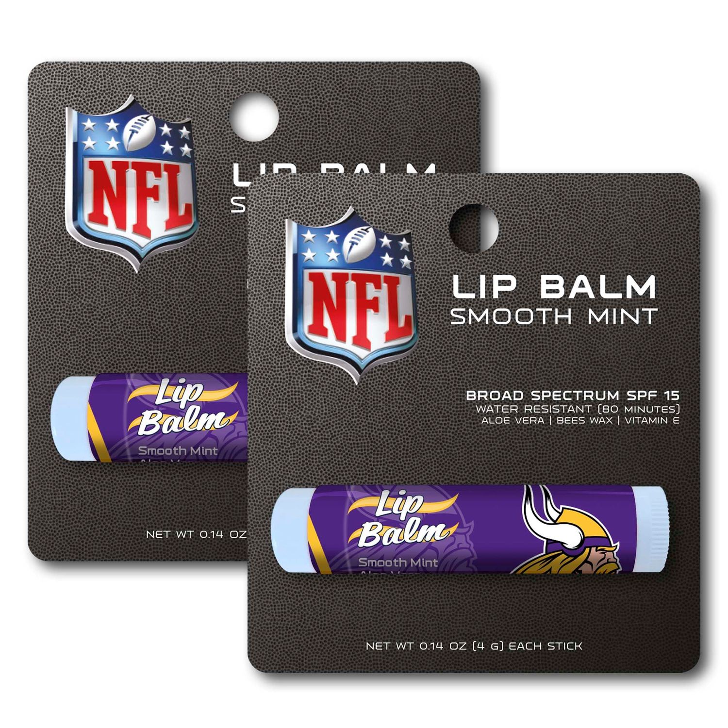 FANMATS 37409 NFL - Minnesota Vikings SPF 15 Lip Balm 2-pk | Purple | 2.5&quot;x 1&quot; | Viking Head Primary Logo