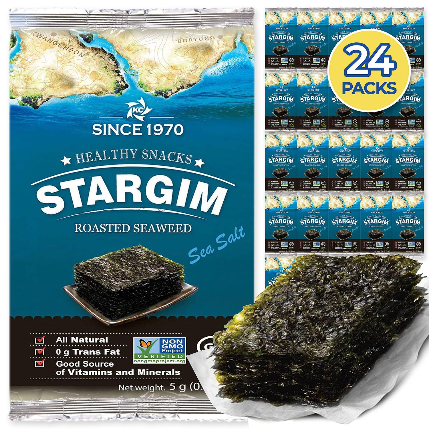 STARGIM Seasoned Seaweed Snacks Sheets - Gift Box 24 Individual Packs Roasted Gim, Fat Gluten Free Sea Salt 100 Natural Laver 5g 0.17 Ounce