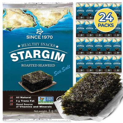 STARGIM Seasoned Seaweed Snacks Sheets - Gift Box 24 Individual Packs Roasted Gim, Fat Gluten Free Sea Salt 100 Natural Laver 5g 0.17 Ounce