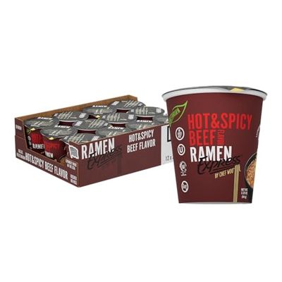 RAMEN EXPRESS Hot &amp; Spicy Beef Flavor Ramen Cup Noodle, 2.25 Oz Each (Pack Of 12) | Animal-free Ramen Noodles | All Plant-based | Made in U.S. with finest American flour