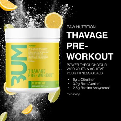 RAW Preworkout Powder, Thavage (Lemon Lime) - Chris Bumstead Sports Nutrition Supplement for Men &amp; Women - Cbum Pre Workout for Working Out, Hydration, Mental Focus &amp; Energy - 40 Servings