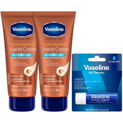Vaseline Hand Cream 2-Pack - Hydra Replenish Crme with Hyaluronic Acid, Niacinamide &amp; Cocoa Butter for Soft Skin Cocoa Butter Lip Therapy Tube with Petroleum Jelly