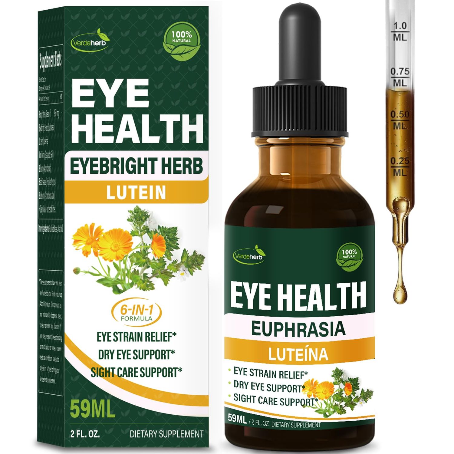 Verdeherb Eyebright Herb Eye Health Drops, Bilberry &amp; Lutein Liquid Extract Herbal Supplement for Eye Strain Relief &amp; Sight Care Support. Euphrasia Officinalis, Arndanos, Lutena para Los Ojos. 2oz