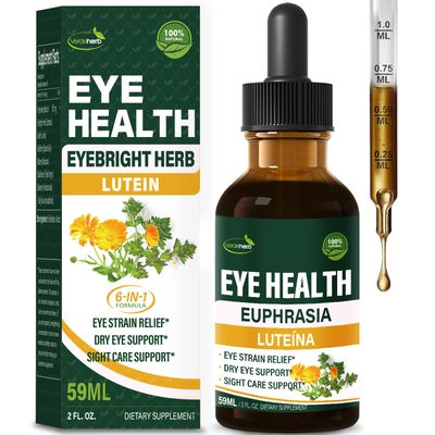 Verdeherb Eyebright Herb Eye Health Drops, Bilberry &amp; Lutein Liquid Extract Herbal Supplement for Eye Strain Relief &amp; Sight Care Support. Euphrasia Officinalis, Arndanos, Lutena para Los Ojos. 2oz