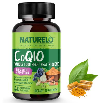 NATURELO Whole Food CoQ10 with Heart Health Blend, Powerful Antioxidant for Energy Production, 60 Capsules