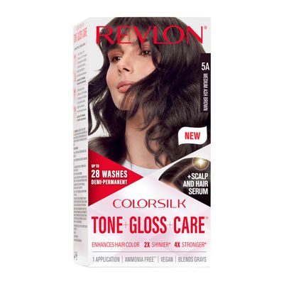 Revlon ColorSilk Tone Gloss Care Demi Permanent Hair Color, Dye Kit with Leave-In Scalp and Haircare Serum, 2x Shinier, 4x Stronger, 5A Medium Ash Brown, 4.5 fl oz