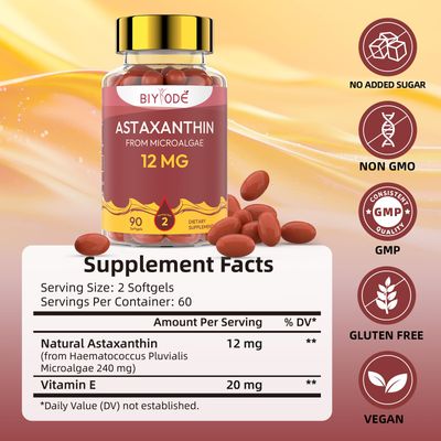 BIYODE Astaxanthin Supplements Antioxidants Softgels: Astaxanthin 12mg Max Strength from MicroAlgae Supports Skin Cardiovascular Health Improves Circulation and Immune Health (90 softgels)