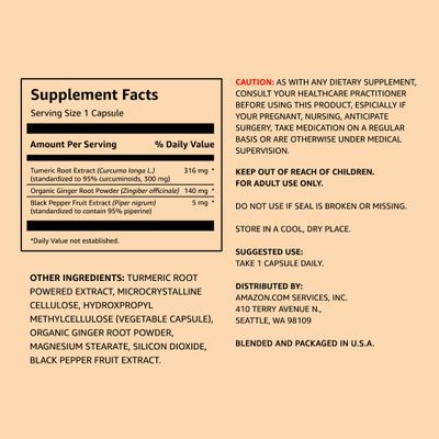 Amazon Elements Turmeric Complex, 316 mg Curcumin, 140 mg Ginger, 5 mg Black Pepper - Joint & Immune System, Healthy Inflammation Response - 65 Capsules (2 month supply)