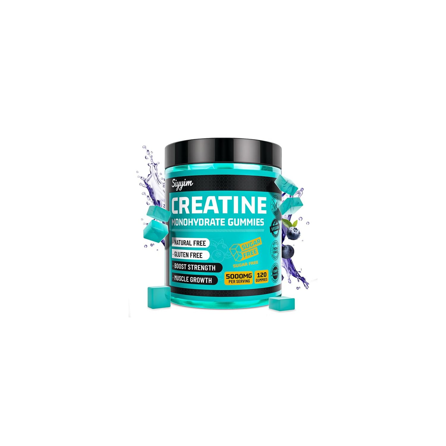 Siyyim Creatine Monohydrate Gummies for Men &amp; Women - 5g Creatine Chewables Per Serving (120 Count) | Muscle Strength Builder, Energy &amp; Recovery Supplement | Vegan, Sugar Free, Blueberry Flavor