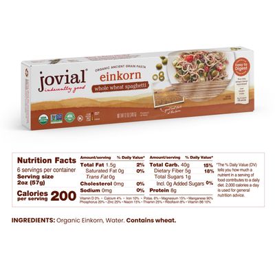 Jovial Einkorn 100 Organic Whole Grain Spaghetti - Einkorn Pasta, High Protein, Non-GMO, USDA Certified Organic, Lower Carb, Delicious Pasta Made in Italy - 12 Oz, 6 Pack