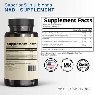 VINATURA NAD Supplement - Nicotinamide Riboside with Urolithin A, Resveratrol, TMG & Quercetin - NAD for Anti-Aging Support (NMN Alternative) - 30 Vegan Capsules