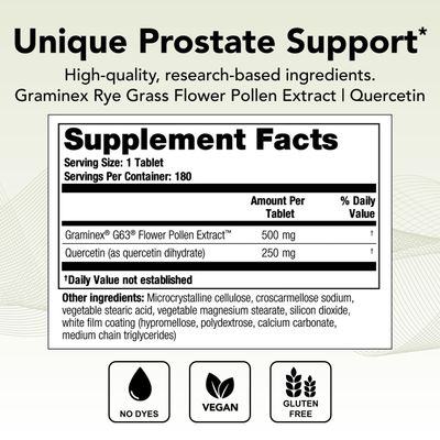 Theralogix Prostate PQ - Rye Grass Pollen Extract &amp; Quercetin Supplement - 90-Day Supply - Antioxidant Support for Prostate &amp; Pelvic Health &amp; Urinary Tract Function - NSF Certified - 180 Tablets