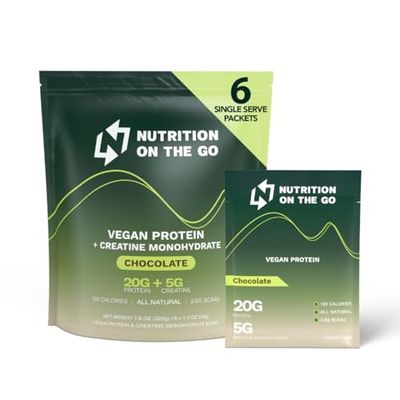 Single-Serve Vegan Protein Powder with Creatine - 20g Plant Protein, 5g Creatine - All Natural, Easy Mix, Gluten-Free - Travel Packets for Gym, Recovery, On The Go - Chocolate - (6-Pack)
