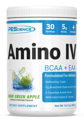 PEScience Amino IV BCAA &amp; EAA Powder, Sour Green Apple, 60 Scoop, Essential Amino Acids, Taurine, Electrolytes for Hydration and Muscle Recovery, Sugar Free for Men &amp; Women, Post Workout