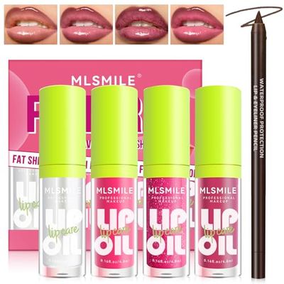 HOSAILY 4 Colors Hydrating Lip Oil Plumping Lip Liner Set, Shiny Glow Reviver Lip Care Oil, Moisturizing Big Brush Head Clear Pink Glitter Transparent Lip Gloss Combo Makeup Present for Women