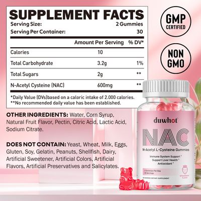 duwhot NAC Gummies 600mg, N Acetyl Cysteine Supplement NAC Chewable for Antioxidants & Immune Support, Lung & Liver Health, Natural Strawberry Flavor, 120ct