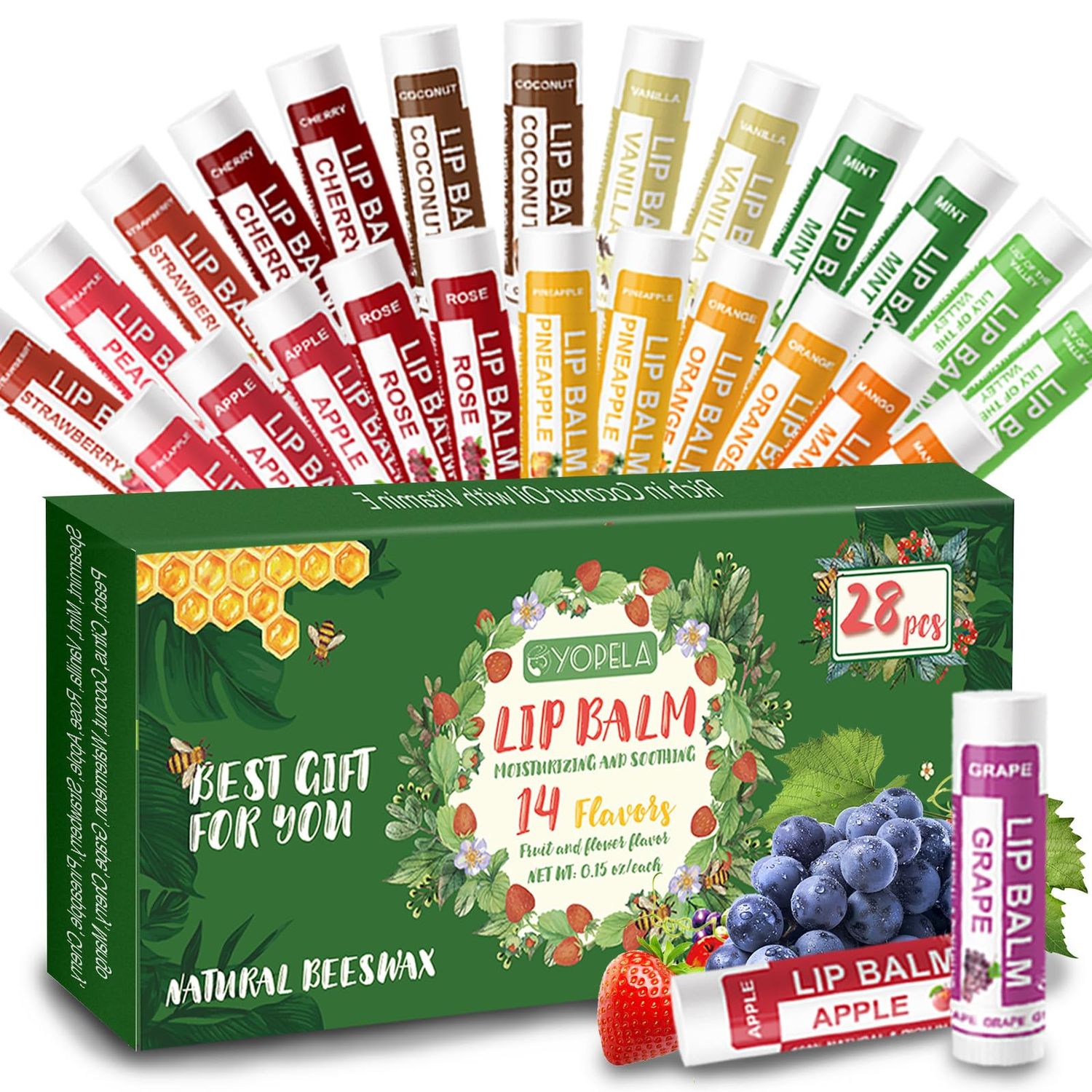 Yopela 28 Pack Natural Lip Balm Bulk with Vitamin E and Coconut Oil - Moisturizing, Soothing, and Repairing Dry and Chapped Lips Valentine&#39;s Gift - 14 Flavors - Non-GMO