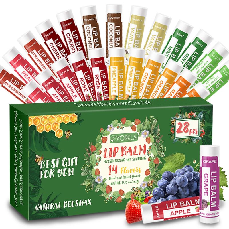 Yopela 28 Pack Natural Lip Balm Bulk with Vitamin E and Coconut Oil - Moisturizing, Soothing, and Repairing Dry and Chapped Lips Valentine&#39;s Gift - 14 Flavors - Non-GMO