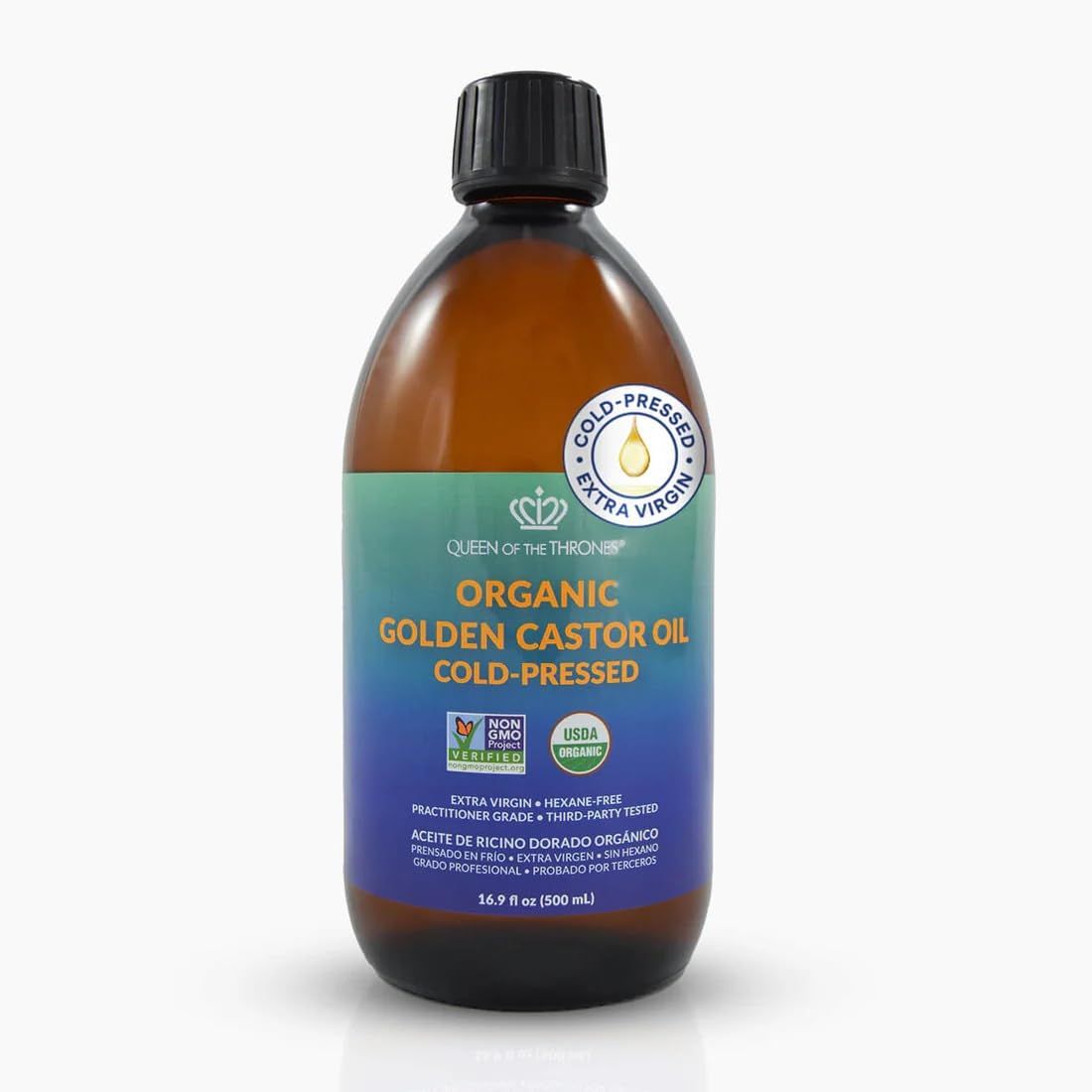 QUEEN OF THE THRONES Organic Golden Castor Oil | 100 Pure for Hair, Skin, Nails, Brows &amp; Lashes | Hexane-Free | USDA Certified 16.9oz (500ml)