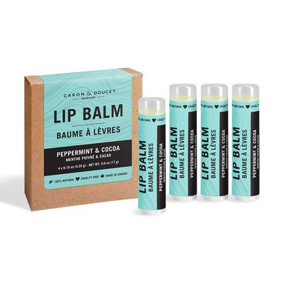 Caron &amp; Doucet - 100 Natural Lip Balm - Premium Beeswax &amp; Olive Oil Moisturizing Lip Balm - Best for Dry Chapped Lips. (Pack of 4, Peppermint &amp; Cocoa)