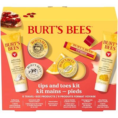Burt&#39;s Bees Gifts Ideas, Tips and Toes Kit, 6 Travel Size Products - Pomegranate Moisturizing Lip Balm, 2 Hand Creams, Foot Cream, Cuticle Cream, and Hand Salve