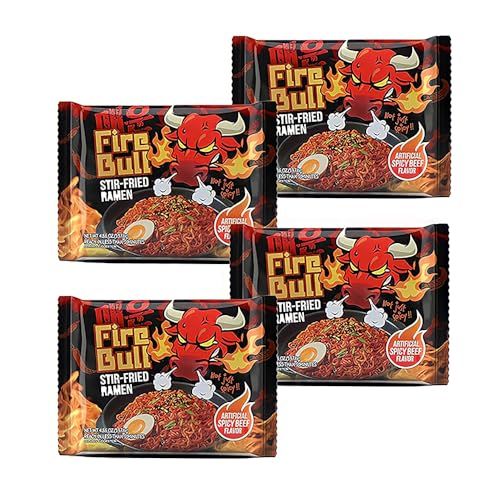 Fire Bull Ramen Intense Spicy Stir-Fried Ramen | Authentic Korean Heat Meets Flavorful Delight | Thick, Chewy Noodles | Quick &amp; Easy Meal (4 Pouches)