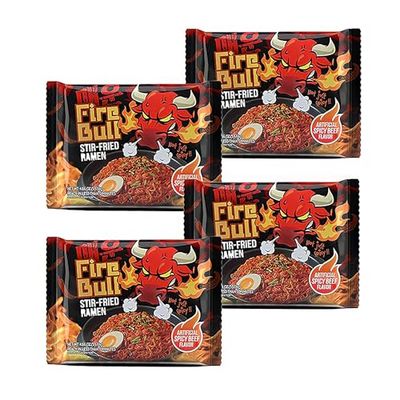Fire Bull Ramen Intense Spicy Stir-Fried Ramen | Authentic Korean Heat Meets Flavorful Delight | Thick, Chewy Noodles | Quick &amp; Easy Meal (4 Pouches)
