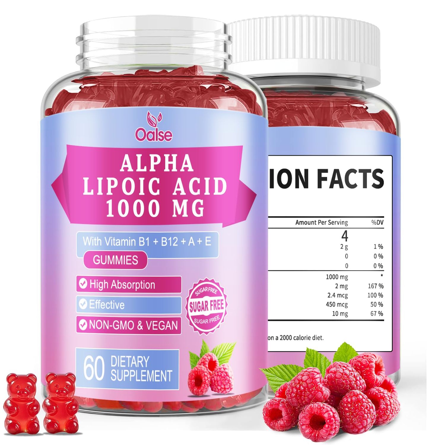 OALSE Alpha Lipoic Acid Gummies 1000Mg with Vitamin B1, B12, A, E - High Absorption Sugar Free Chewable ALA Supplement for Energy and Nerve Support,Raspberry Flavor, 60 Gummies