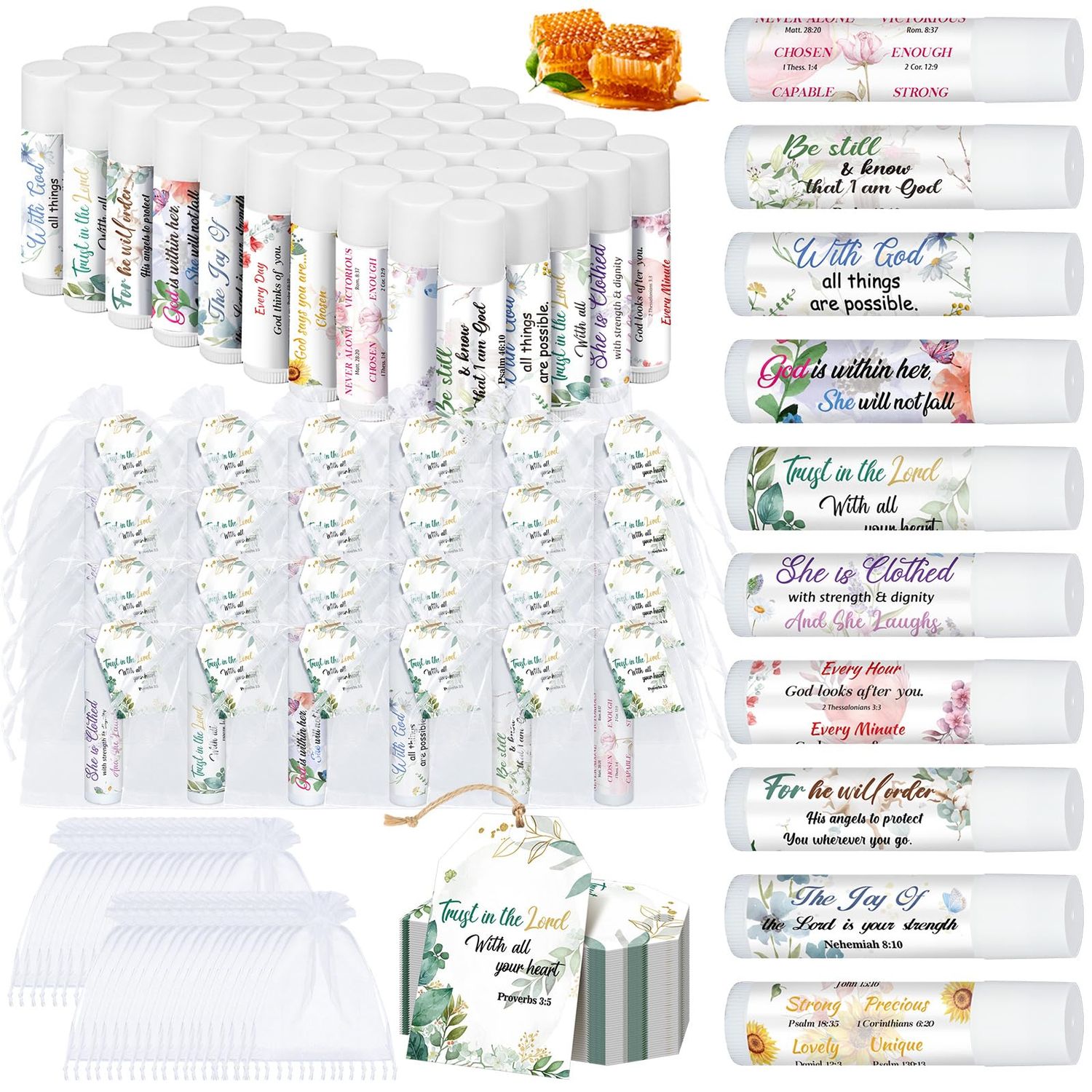 Sacubee 50 Pcs Christian Lip Balms Christian Gift Bulk for Women Bible Verse Lip Balms Inspirational Church Scripture Religious Party Favor Appreciation Gift for Teacher Mom Employee Coworker Team