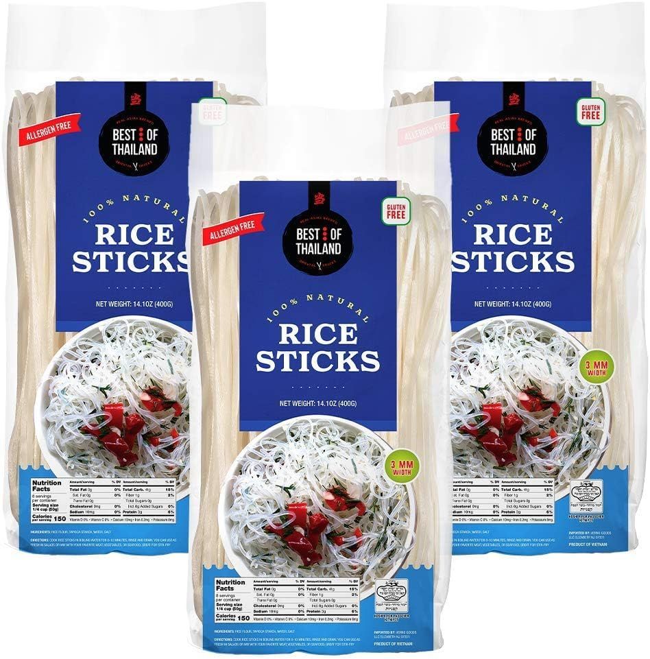 Best of Thailand Rice Noodle Sticks | Great for Traditional Thai, Vietnamese, Chinese, Japanese Stir Fry &amp; Soups | Non-GMO, Gluten-Free, Kosher for Passover Kitniyo (Rice Sticks-3mm)