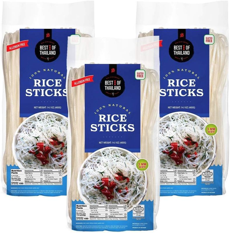 Best of Thailand Rice Noodle Sticks | Great for Traditional Thai, Vietnamese, Chinese, Japanese Stir Fry &amp; Soups | Non-GMO, Gluten-Free, Kosher for Passover Kitniyo (Rice Sticks-3mm)