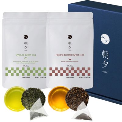 Asayu Japan Green Tea Set - Daily Essentials Duo Gift Box ( Japanese Gyokuro and Hojicha) 30 Tea Bags 100 Made in Japan, Premium Shade Grown Tea for Morning and Roasted Green Tea for Evening - Dail...