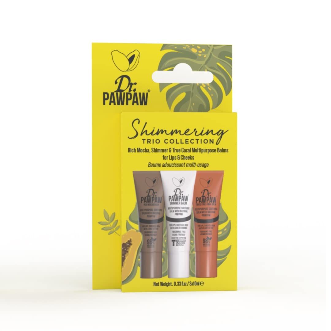 Dr.PAWPAW Shimmering Trio Gift Set: Shimmer,True Coral,Rich Mocha Multi-Purpose Natural No Fragrance Balm for Hydrating Lips, Skin, Hair, Cuticles, Nails &amp; Beauty Finishing (10 ml each)