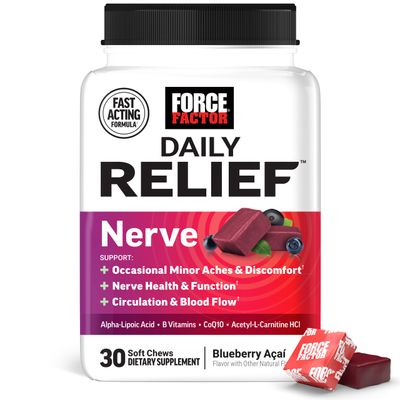 FORCE FACTOR Daily Relief Nerve Supplement with Alpha Lipoic Acid, B Vitamins, CoQ10 &amp; Acetyl-L-Carnitine HCl for Nerve Discomfort in Hands, Feet, Toes &amp; Fingers, Blueberry Acai, 30 Soft Chews