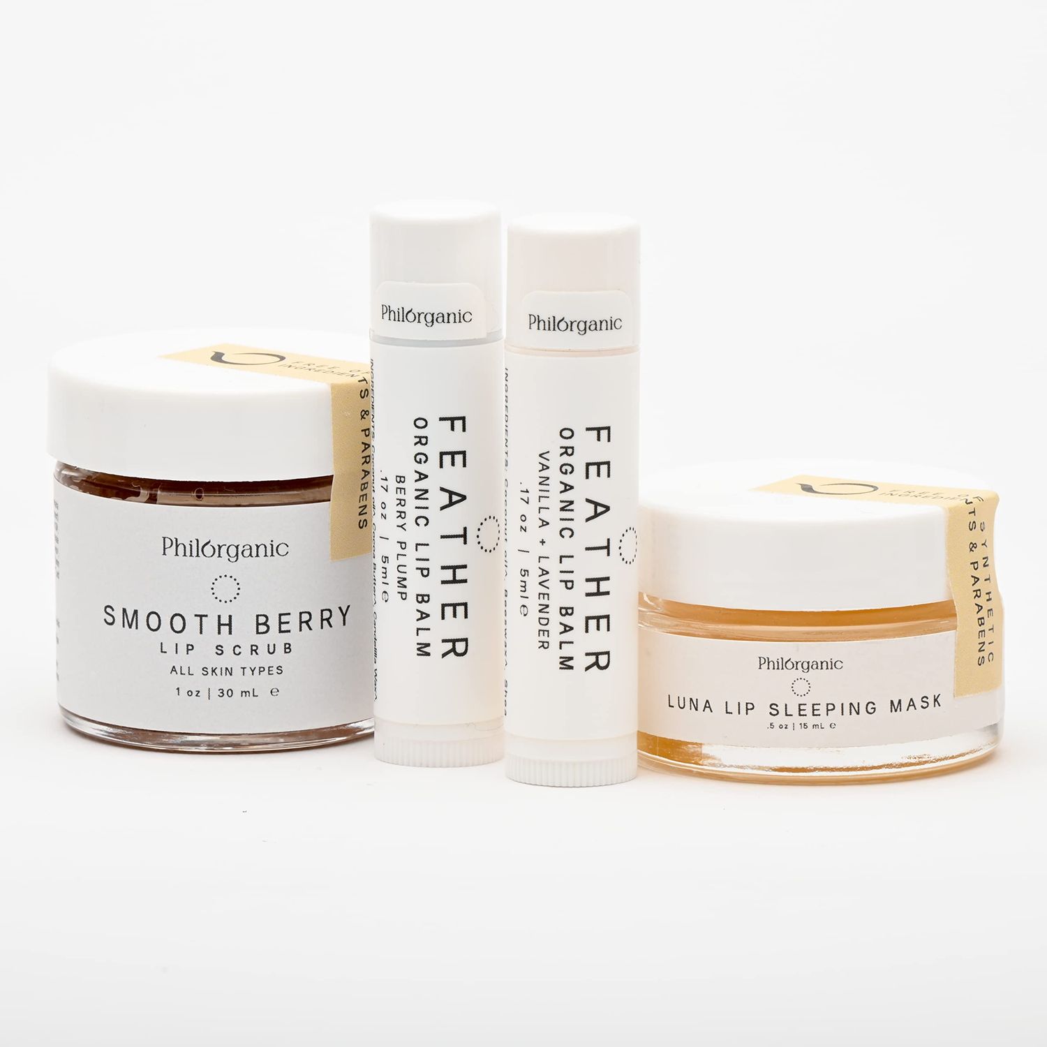 Philorganic Sustainable Lip Care Kit- 4 Pc Organic Gift Set Includes Lip Scrub, Mask, &amp; 2 Balms - Self-Care Spa Moment or Gift - Small Batch USA Made