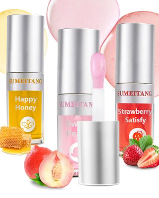 SUMEITANG 3Pcs Hydrating Lip Oil SetNon-sticky Lip Oils Gloss Lip Balm Lip CareDeeply Nourishing and Repairing Prevents Lips Chapped and Lighten Lip Lines(HoneyPeachStrawberry)