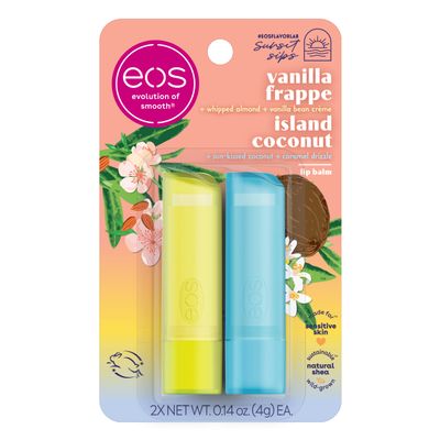 eos Sunset Sips Lip Balms- Island Coconut &amp; Vanilla Frappe, All-Day Moisture, Lip Care, 0.14 oz, 2-Pack